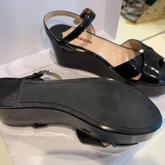 Prada Black Patent Leather Wedge Sandals - Size 10 - Picture 3 of 4